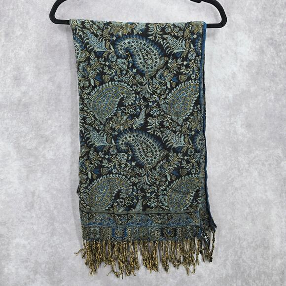 SJ Collection Blue Floral Pashmina Fringe Floral Long Shawl Scarves Wrap Scarf - Picture 3 of 7